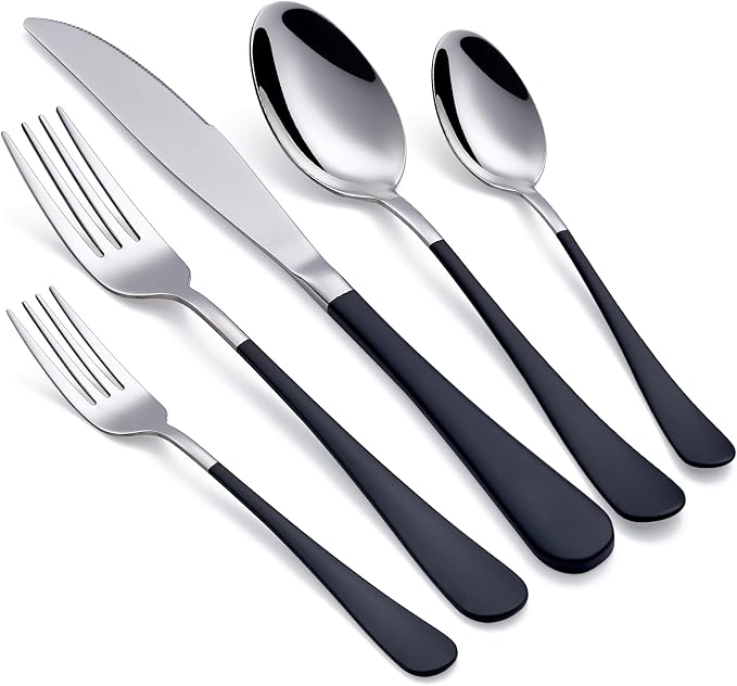 Black Silverware Set 20 Piece 18/0 Stainless Steel Flatware Black Handle Cutlery Set Service for 4 Black Forks Spoons and Knives Set unique silverware set Mirror Finish Dishwasher Safe