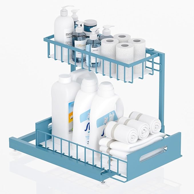 L-Shaped Under Sink Organizer, 2-Tier Pull-out Cabinet Rack 1-Pack | Teal Height-Adjustable Steel Rack, Sliding Grid Drawers with PP Liners, Holds 100 Lbs, Suction Base, Ideal Kitchen Storage