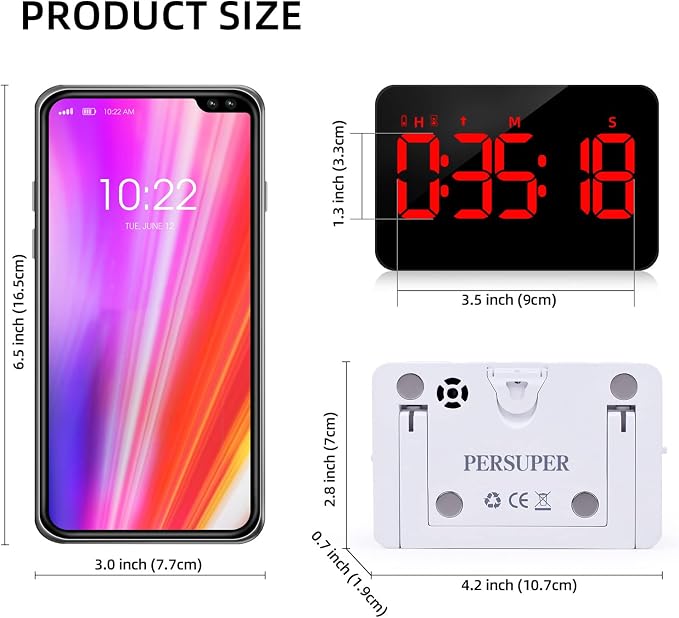 PERSUPER Kitchen Digital Timer, Count Down Up, Rechargeable, Vibration Mode | Adjustable Volume and Brightness LED Display, Time Management Cook, Desk, Kids Adults Study Teaching, Kitchen Gadgets RGB ﻿
