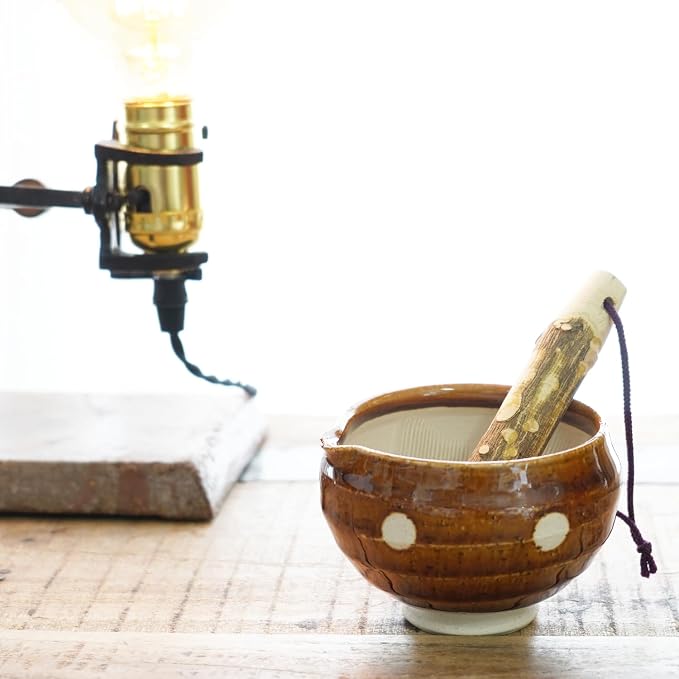 Traditional Japanese Mini Sesame Seed Grinder with Pestle - Mino Takada-yaki Ceramic - Deep Amber - Ideal for Dressings and Sauces (Candy Polka Dot Brown)