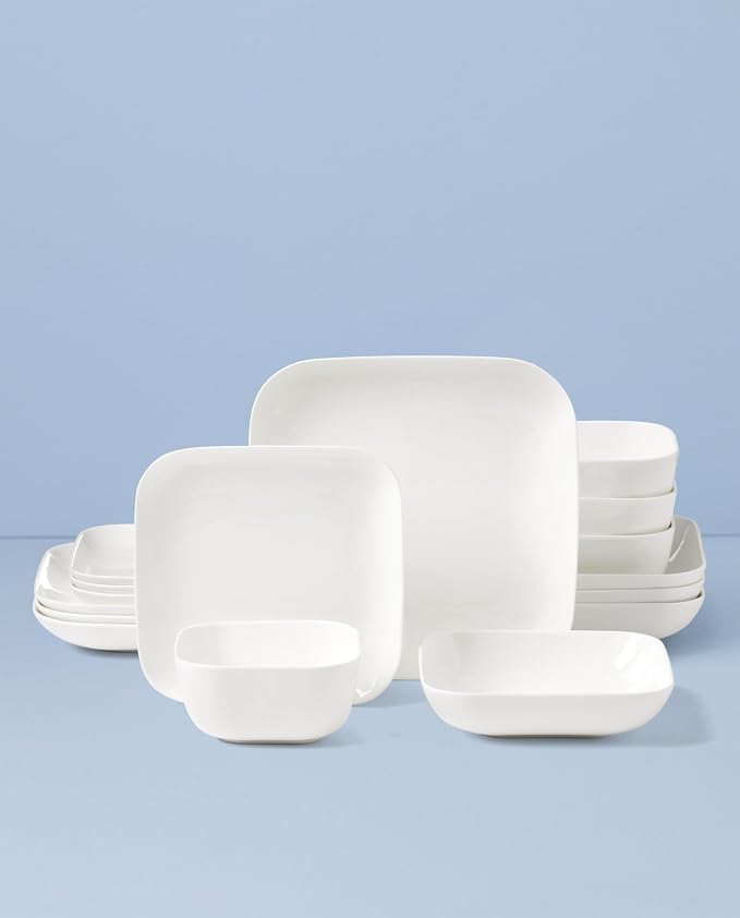 Lenox Studio 1414 Square Bone China 16-Piece Dinnerware Set for 4 | dishwasher safe | plates and bowls sets for kitchen and dining | 10.19 inch plate, dish set, dishes, chip resistant
