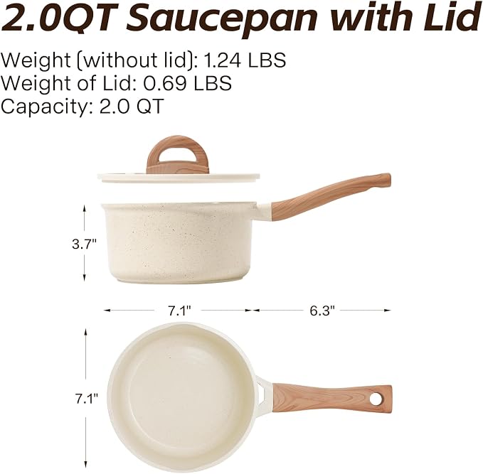 Ceramic Nonstick Saucepan with Lid, 2.0 QT Small Non Stick Stock Pot with Stay-cool Handle, Induction Compatible Cooking Pot White Granite Coating Easy to Clean Kitchen Cookware