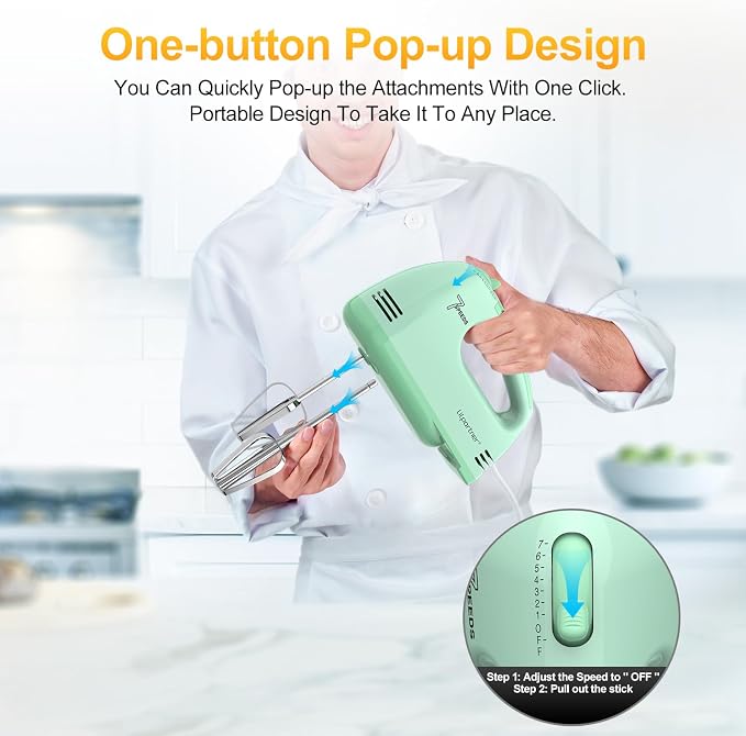 LILPARTNER Hand Mixer Electric, Ultra Power Kitchen Hand Mixer With 7-Speed & 5 Stainless Steel Accessories for Whipping Dough, Cream, Cake, Dishwasher Safe, Light Green