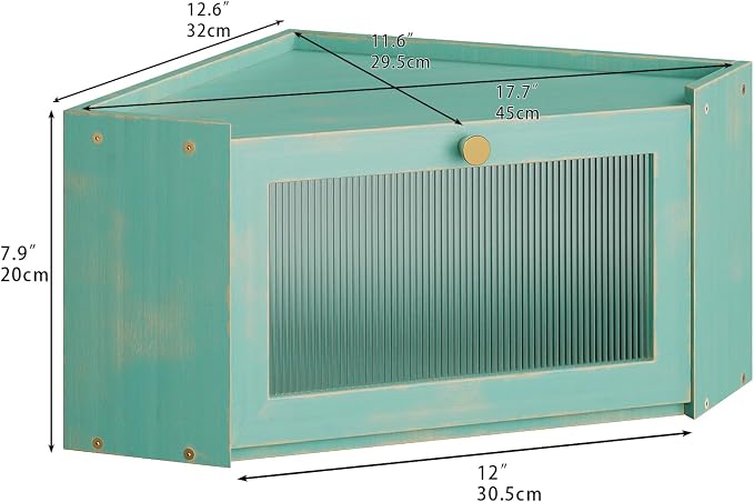 Trironsun Corner Bamboo Bread Box for Kitchen Counter Large Capacity Rustic Bread Storage Container with Wavy Arcylic Transparent Door Vintage Storage for Homemade Bread (Antique Blue)