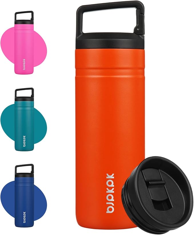 BJPKPK 20 oz Insulated Travel Water Bottle, Coffee Tumbler Stainless Steel | Double Wall Vacuum, Leakproof, Thermal, Keeps Hot/Cold, BPA Free, Dishwasher Safe, Spill Proof, Wide Mouth, 2 Lids, Orange