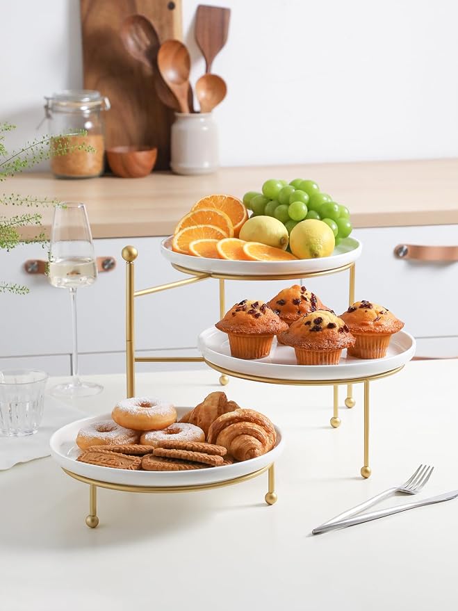 Kanwone 3 Tiered Serving Stand with White Porcelain Plates, 10.3" Round Tray, dessert table display set, Gold Metal Stand, Versatile & Durable