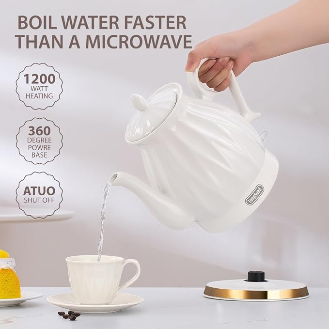 Ceramic Electric Kettle, 1.5L/1200W Boil Water Quickly and Easily with Boil-Dry Protection Auto Shut Off, Detachable Swivel Base, Diamond Cut Glazed