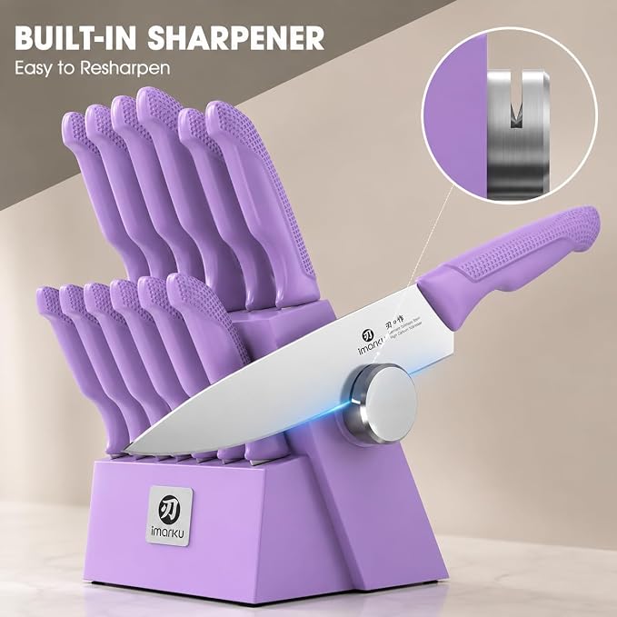 imarku 14-piece Japanese kitchen knife set, including knife block sharpener | High-carbon stainless steel, sharp, non-slip ergonomic handle, dishwasher safe, elegant gift packaging, lavender color
