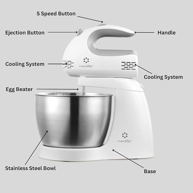 Max Life 3.2 Quarts Stand Mixer - 5-Speed Electric Powerful Stand Mixer, White, with Stainless Steel Bowl, Dough Hooks, Beaters,