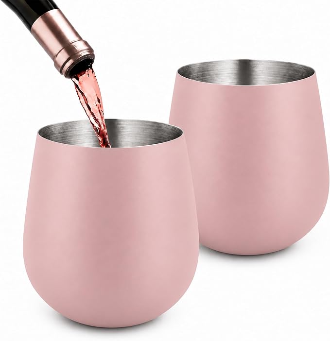 K&K Home Stainless Steel Unbreakable Stemless Wine Glasses - 15 oz - Set of 4 Colored, Stemless Metal Wine Glasses Perfect for Outdoors, Weddings, and Parties (Pink)