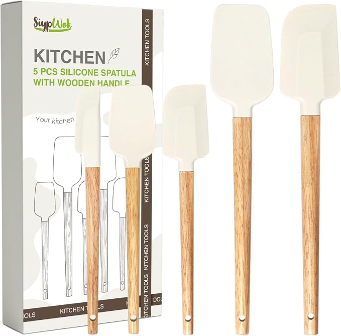 Silicone Spatula Set, Food Grade Rubber Spatula-5 Piece Nonstick Rubber Spatulas, Spoonula, Jar Scraper for Cooking, Baking, Mixing, Frosting - Heat Resistant Up to 600°F (5 Pcs Off-White)