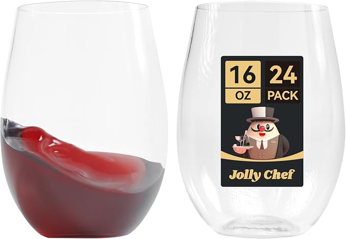 JOLLY CHEF 24 Pack 16oz Plastic Wine Glasses Stemless, Disposable Wine Cups | Premium Quality, Recyclable, Unbreakable, Ideal for Wedding, Birthday, Party, Christmas
