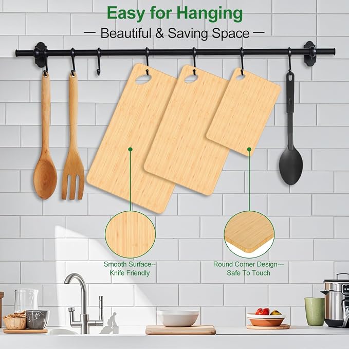 Viretang Wood Cutting Board Set of 3, Natural Bamboo, Hang Hole | Chopping Boards for Kitchen, Serving, Meal Prep, Charcuterie, Kitchen Tray for Raw Meat Fruit Cheese, Knife Friendly, Durable
