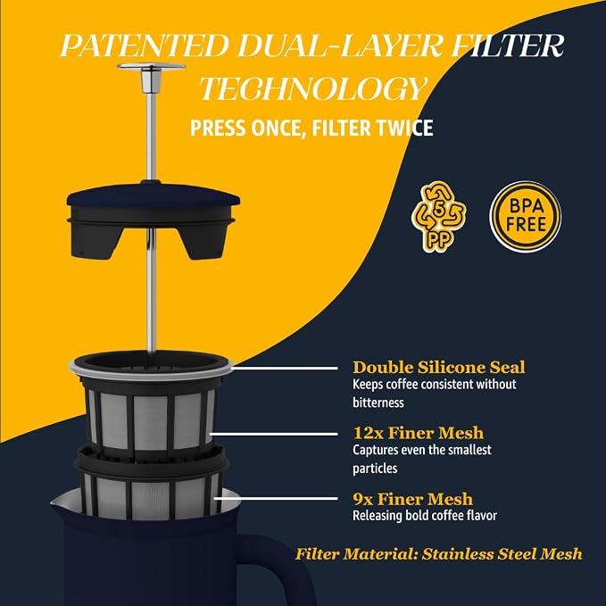 ESPRO P7 French Press, 18oz, Aegean Blue, Stainless Steel Coffee Maker | Double Filter Coffee Press, Grit-Free Coffee, Heat Resistant Insulated tea Press, Easy Hot and Cold Coffee Brewer, Tea Brewer
