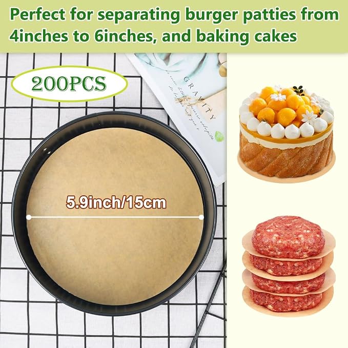 BYKITCHEN 6 Inch Parchment Paper Rounds, Set of 200, Hamburger Patty Paper/Burger Press Paper, Non Stick Small Pre-cut Round Parchment Paper for Cake Pan, Springform Pan, Burger Patty Maker and More