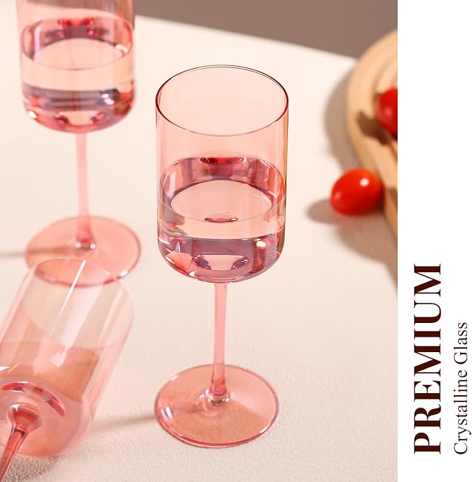 Pink Wine Glasses - Hand Blown Square Colored Wine Glasses with Long Stems, Set of 6 - 14oz Each, Ideal for All Occasions