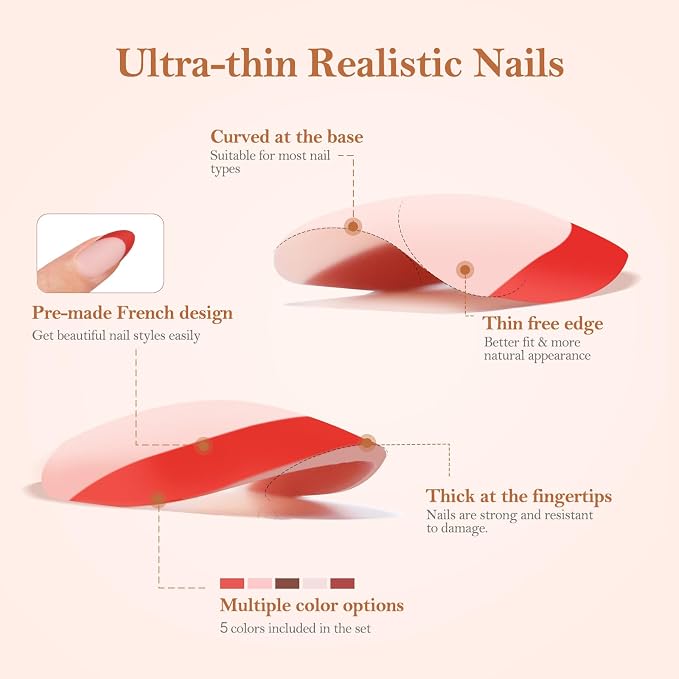 PEACECOLOR French Tip Press On Nails Kit - 150Pcs Long Almond 5 Colors Nail Tips Gel Nail Kit with U V Light Base & Top Coat Starter Kit Nail Glue Full Set Fake Nails DIY Gift for Women Girls Home