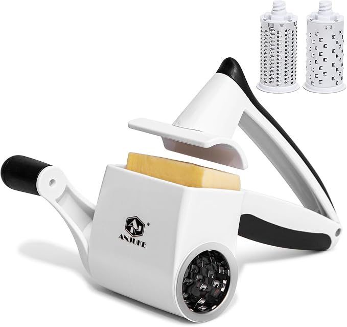 Rotary Cheese Grater Hand Crank, Parmesan Cheese Shredder Handheld with 2 Stainless Steel Drums for Hard Cheese, Chocolate and Nuts, Restaurant Quality, Dishwasher Safe