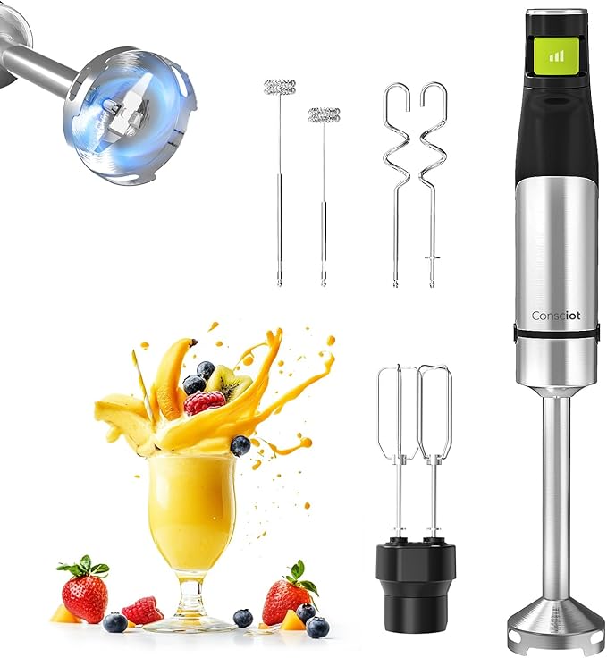 Consciot 4 in 1 Immersion Hand Blender Max 1100W, Corded Stick Emulsifier with Entire Stainless Steel Blender Shaft, Trigger Speed Control, For Blending, Beating, Frothing, Mixing & More, Non-BPA | Corded Stick Emulsifier with Entire Stainless Steel Bl...
