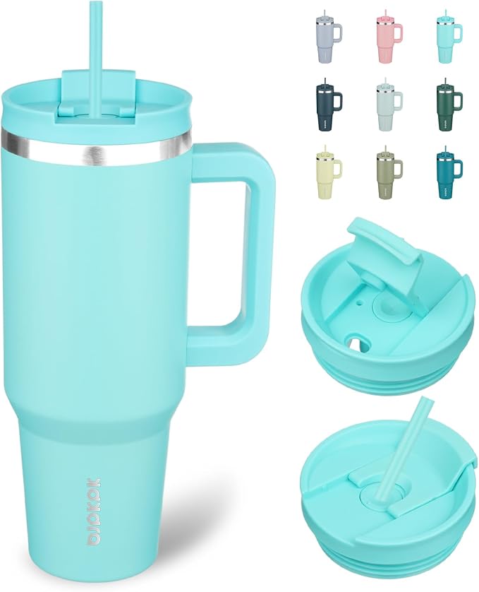 BJPKPK 40 oz Insulated Tumbler with Handle & Straw, Stainless Steel | Double Wall Vacuum Insulation, Leak Proof, BPA Free, Dishwasher Safe, Cupholder Friendly, Travel & Outdoor, Turquoise