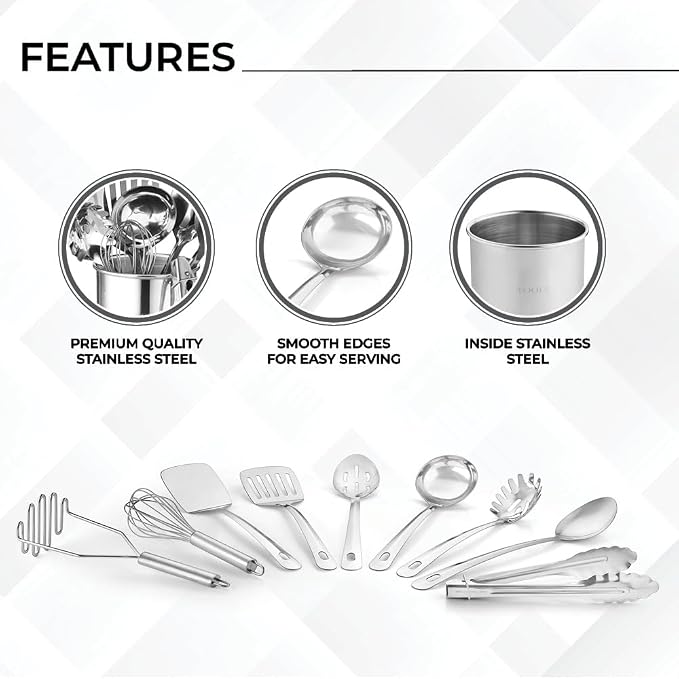 Avador® Premium Set of 10 Stainless Steel Kitchen Tool Set with Holder Easy To Clean, Space Saving, Great for Cooking, Baking, Prepping