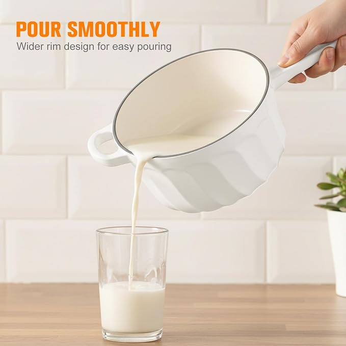 Enameled Cast Iron Sauce Pan with Lid, 2 Quart Saucepan with Lid | Dutch Oven with Lid, Small Cast Iron Pot for Cooking Pasta, Soup, Milk, Induction & Oven Safe Up to 500°F, White