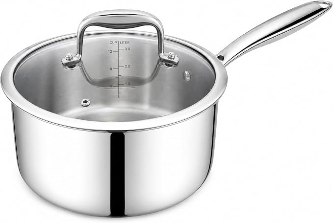 3-Quart Saucepan with Lid, Tri-Ply Stainless Steel Pot with Stay-Cool Handle & All Cooktop Compatibility (Gas, Ceramic, Electric) - Silver