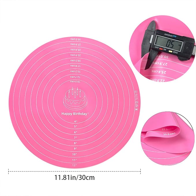 Silicone Cake Mat, 12 Inch Round Silicone Mat, Cake Mat with Measurements, Cake Turntable Mat, Reusable Cookie Mat for Rolling Dough, Non-Stick Heat Resistant, Pastry Baking Pad Pink