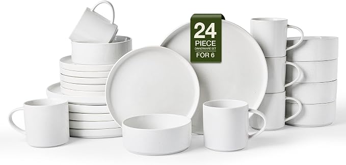 Famiware Nebula 24-Piece Stoneware Dinnerware Set with Mugs, White | Plates and Bowls, Service for 6 - Chip & Scratch Resistant, Microwave & Dishwasher Safe, Essential for Daily Use