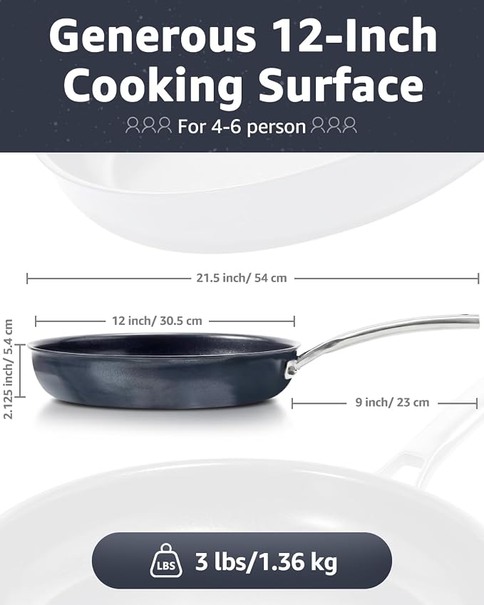 12 In Ceramic Nonstick Frying Pan, Tri-Ply Stainless Steel Skillet | PFOA/PFOS Free Cookware, Induction & Oven Compatible, Detachable Handle, Metal Utensils Safe, Compatible for 3-4 People