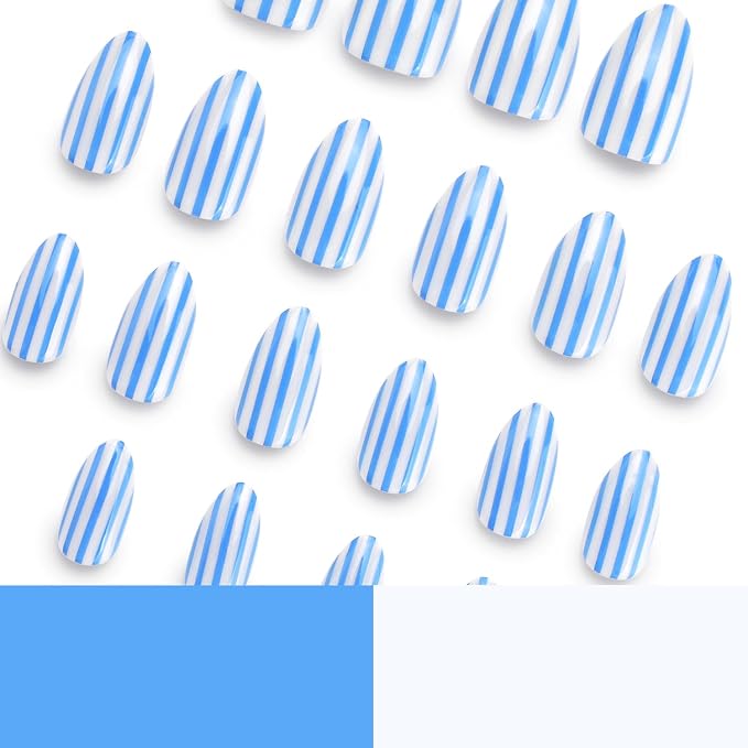 Blue White Press On Nails Short Almond Fake Nails With Stripe Designs | Full Cover False Nails Acrylic Nails Press Ons Reusable Stick On Nail Glossy Glue On Nail For Women 24Pcs