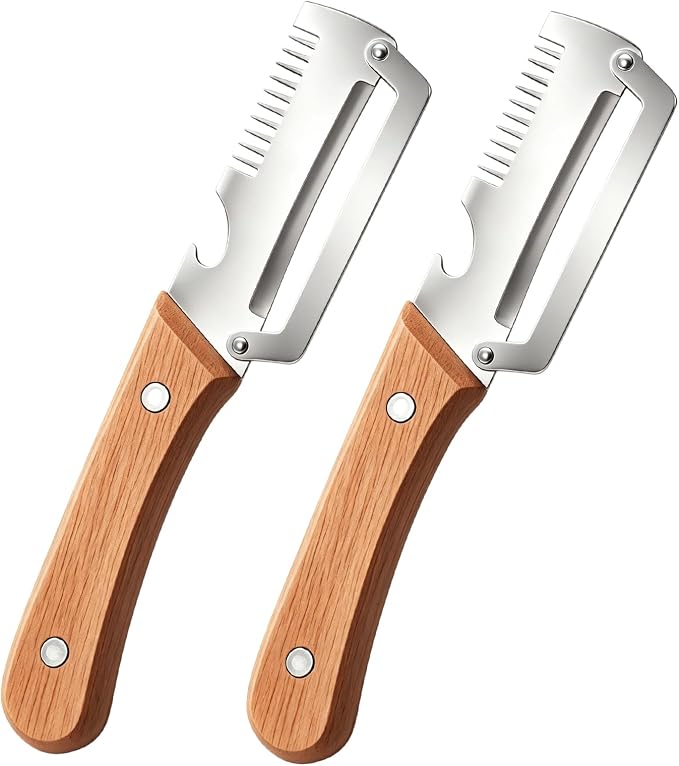 2Pcs Multifunctional Vegetable Peeler,Zero Snag Wooden Peeler,Zero Snag Wooden Kitchen Tool with Grater Bottle Opener,3 in 1 Kitchen Gadgets Stainless Steel Peelers for Pumpkin Potato Carrot Apple