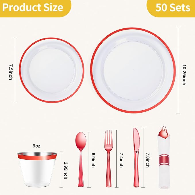 350 Pcs Clear Red Plastic Dinnerware Sets for Party for 50 Guests | Red Plastic Plates Includes 100 Plates, 50 Pre Rolled Napkins with Cutlery Set, 50 Cups for Graduation, Wedding, Christmas