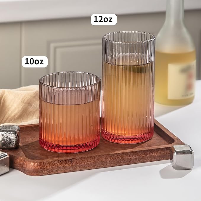 Ribbed Drinking Glasses 8pcs, 12oz and 10oz Glassware, Tumbler Glasses Cup Set for Wedding, Party, Christmas Gift, Grey Pink