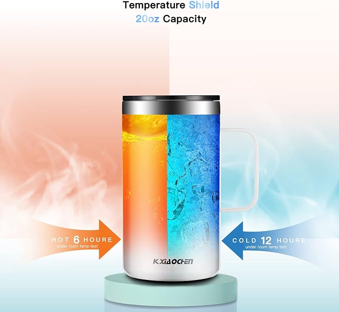 KXIAOCHEN 20 oz Insulated Coffee Mug, Coffee Cup with Lid and Wide Handle | 18/8 stainless steel, 6+ hours hot or 12+ hours cold, wide mouth, no-sweat exterior, for office, work, home and camping