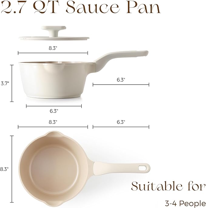 PRICUSIS Ceramic Nonstick Saucepan with Lid, 2.7 Quart Non Toxic Pot with Pour Spouts, Full Coated, 100% Dishwasher Safe, Induction Compatible, PTFE PFAS & PFOA Free, Coconut White