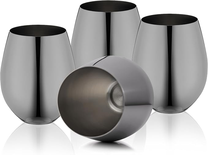 WOTOR Black Stemless Wine Glasses, 18oz, Stainless Steel, Set of 4 | Unbreakable, Metal, Outdoor Events, Ideal Gift