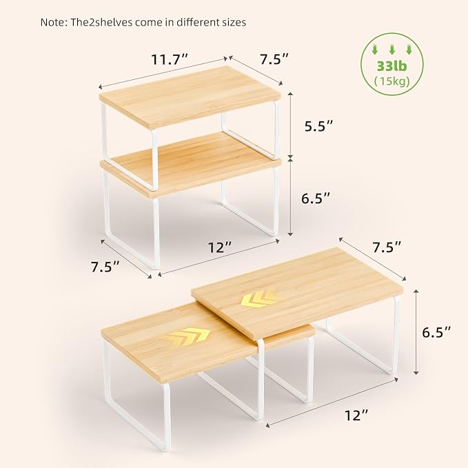 Ekisemio Kitchen Cabinet Organizer, Bamboo Spice Rack Organizer for Cabinet, Stackable & Expandable Counter Shelves, Set of 4, White and Natural