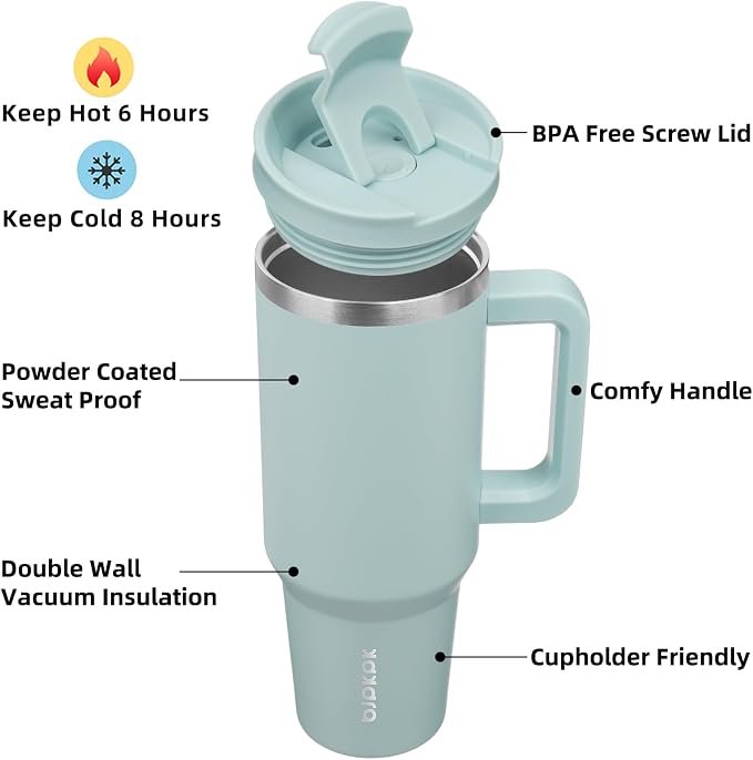 BJPKPK 40 oz Insulated Tumbler with Handle & Straw, Stainless Steel | Double Wall Vacuum Insulation, Leak Proof, BPA Free, Dishwasher Safe, Cupholder Friendly, Travel & Outdoor, Blue Haze
