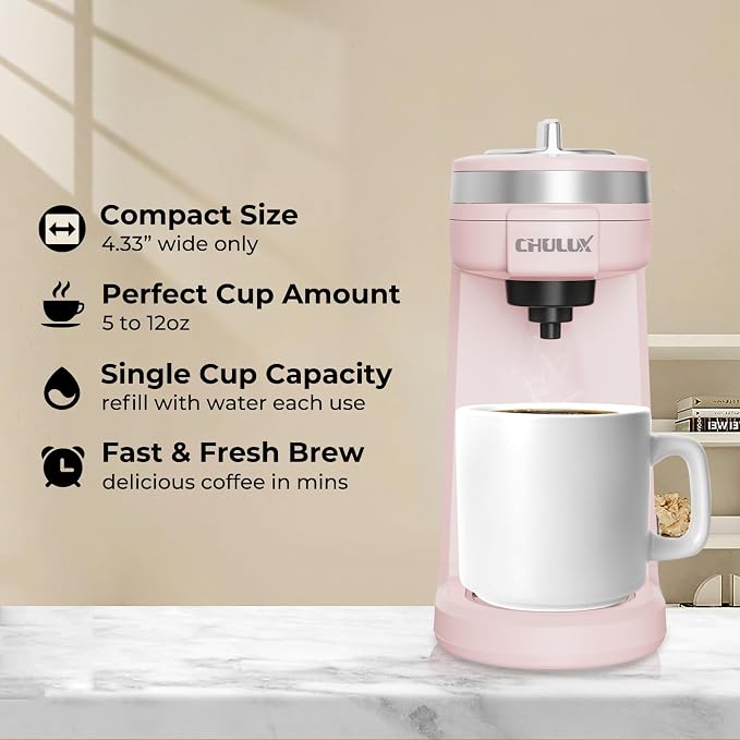 CHULUX Mini Single Serve Coffee Maker for K Cup, Fast Heating, Dusty Rose | Fast-Heating Boiler System, Single Cup Brewing, Portable Compact Design, Four-Hole Multi-Stream Needle, Adjustable Drip Tray