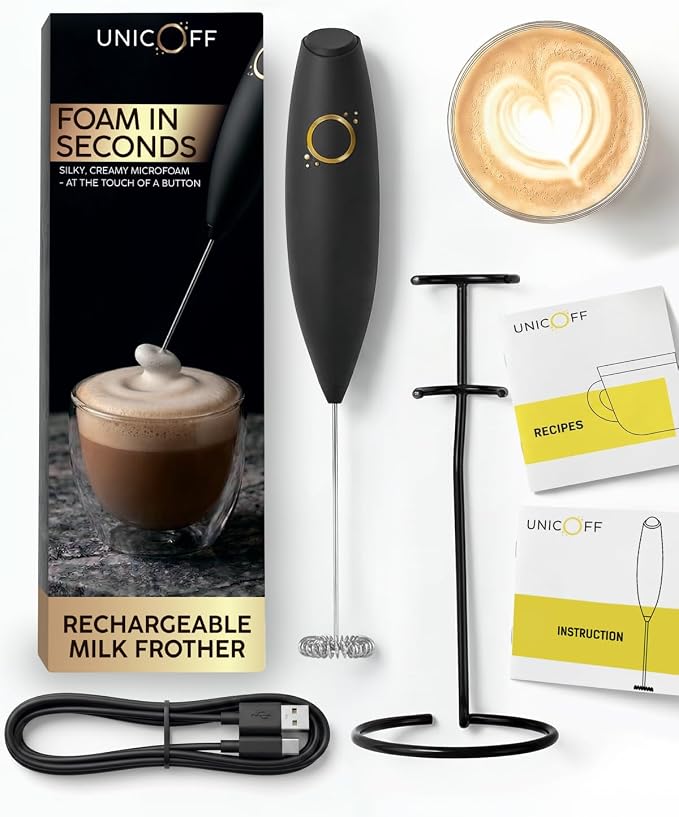 Rechargeable Milk Frother Handheld, USB-C Coffee Mixer, Matte Black | Rechargeable USB-C, quiet whisk, stainless steel stand, coffee matcha protein cold foam latte, portable coffee bar accessory