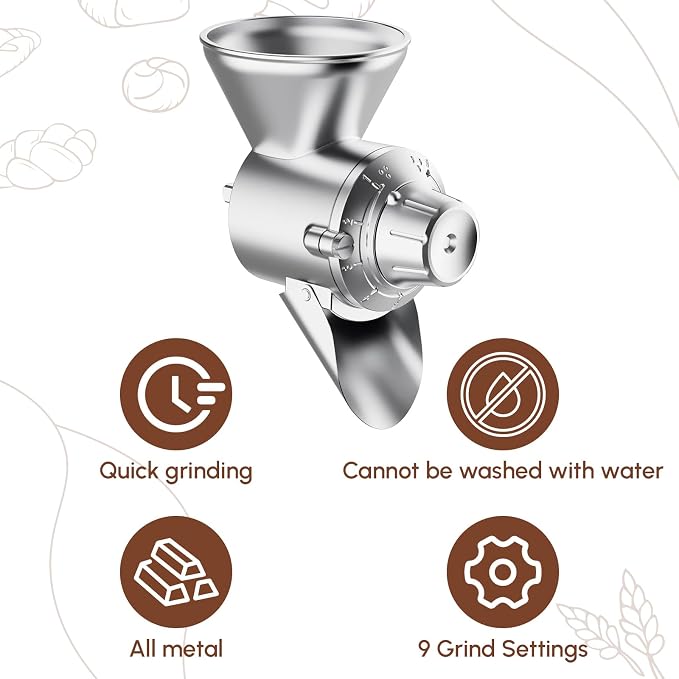 HOZODO Grain Mill Attachment for KitchenAid Stand Mixer, All Metal | 9-Level Flour Mill for KitchenAid, Fully Dried Low-Moisture, Low-Oil Grains, Corn, Millet & Wheat