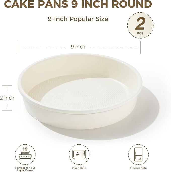 Ceramic Nonstick 9” Round Cake Pans, Heavy-Duty Aluminized Steel | Non-Toxic 9 Inch Round Cake with Diamond Texture, Cake Pans 9 Inch Round for Baking Cheesecake, Cream, 2-Pack