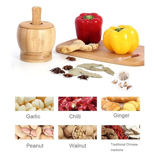Mortar and Pestle Set with Lid and Spoon, 100% Natura Bamboo Spice Grinder, Crush, Press, Mash Spices, Herbs, Garlic, Pepper, Guacamole, Nuts, Fruit, 4.6 inch Mortar and Pestle Set Bowl for Kitchen