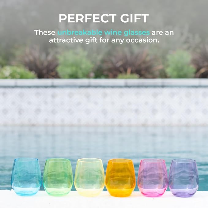 Stemless Wine Glasses Set of 6, 16oz Unbreakable Acrylic Plastic Wine Cups | Reusable Shatterproof Colored Wine Tumblers, Dishwasher Safe BPA Free Drinkware for Outdoor, Pool, Patio, Camping, Party