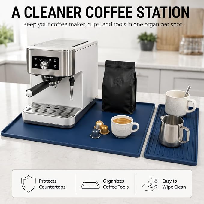 Silicone Coffee Mat 24 x 16 in with Tray, Deep Sea Blue | Coffee bar mat for countertop use, coffee station mat or coffee machine mat with removable tray and 0.47 in raised rim.