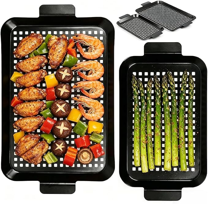 2PCS Grill pan, BBQ Grill Topper for Outdoor Grill with Hole, Non-stick enamel coating, suitable for picnicking, camping, yard (2 pieces)