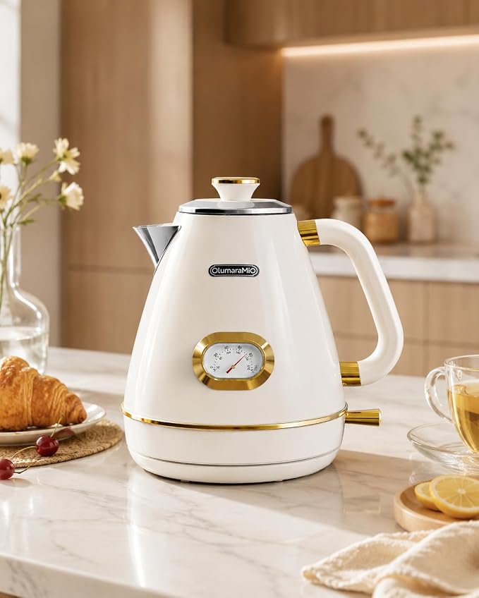 Olumaramio 1.7L Retro Electric Kettle with Thermometer, 1500W, Pearl White | 304 Stainless Steel, 1500W Fast Boiling, Auto Shut-Off, Boil-Dry Protection, BPA-Free