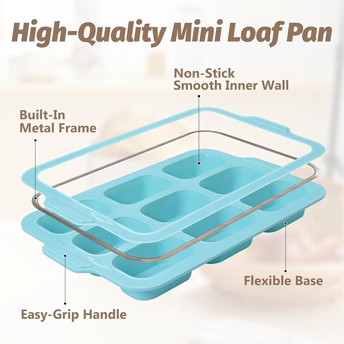 Nonstick Silicone Mini Loaf Pans: 9-Cavity Small Banana Bread Loaf Pans | for Baking Cornbread with Metal Frame - Mini Meatloaf Tin for Oven - Brownie Tray for Baker Baking Lover Toeusog