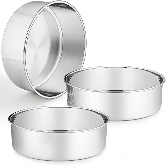 P&P CHEF 8 Inch Cake Pans Set, 3Pcs Stainless Steel Round Baking Pan | Round Layer Cake Tins for Birthday Wedding, Non Toxic & Heavy Duty, 3 Inch Deep Side & Mirror Finish, Oven & Dishwasher Safe